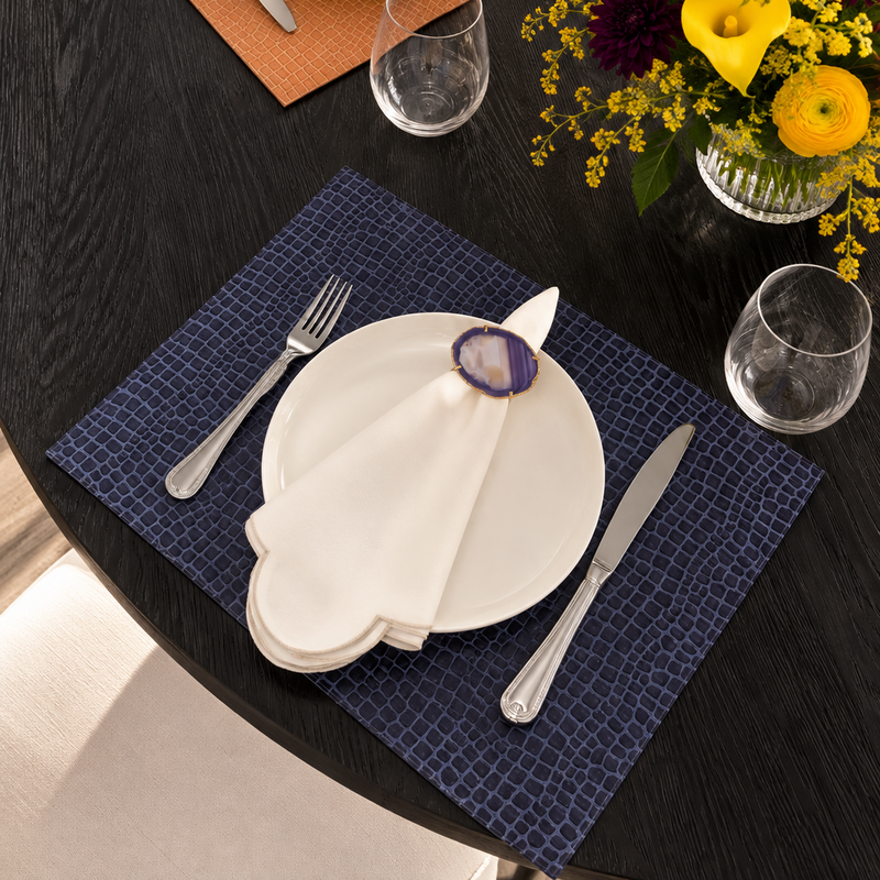 Navy crocodile placemats, a wedding gift for the table